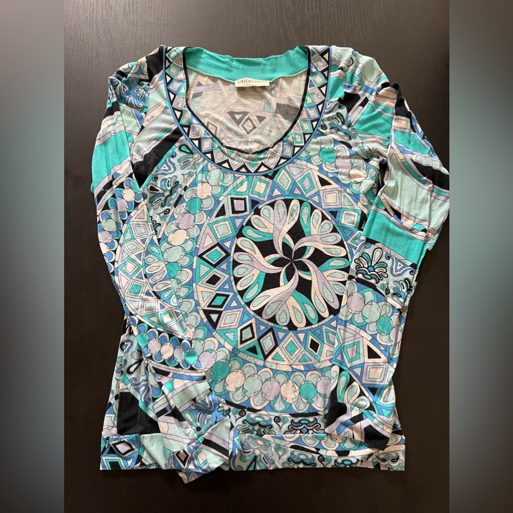 Emilio Pucci teal patterned top, size 8US.